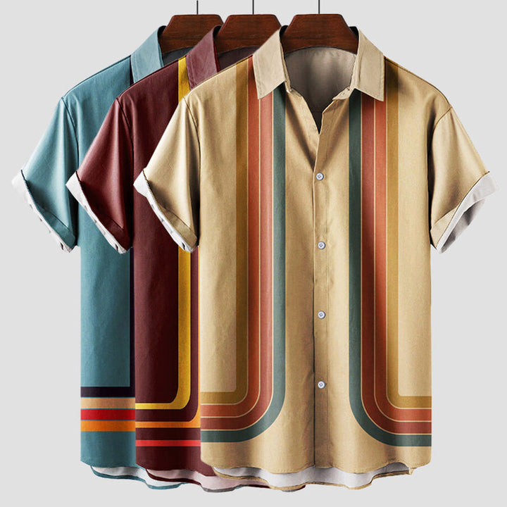 Comfortable men's vintage sunset stripe retro shirt, stylish short sleeve for summer and vacation wear.