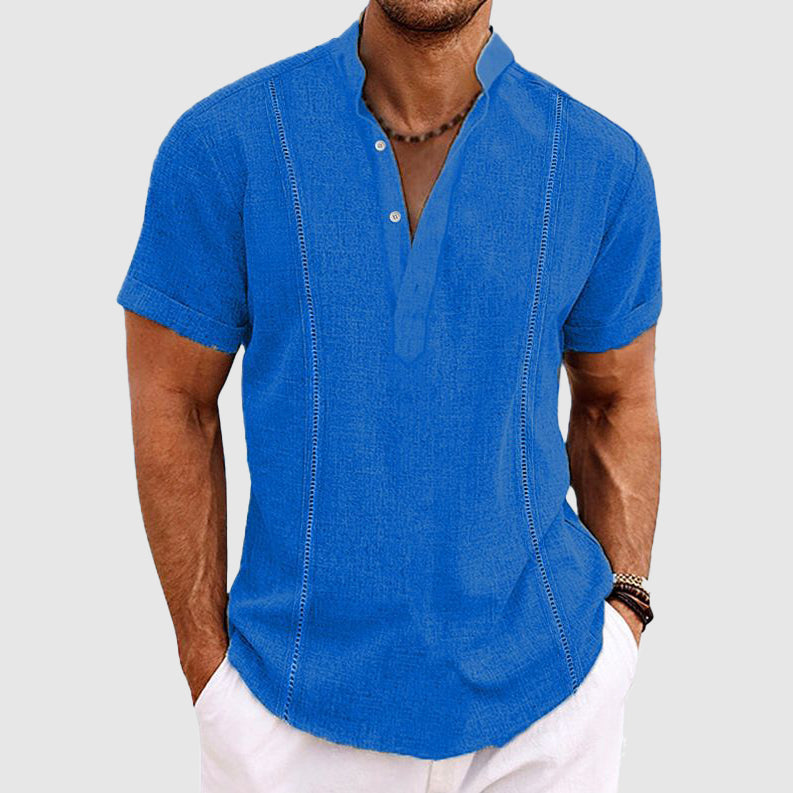 Men's breathable short sleeve casual shirt, button-up, relaxed fit for summer & warm weather. Solid color.