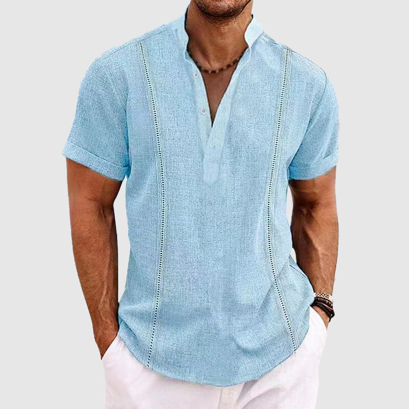 Comfortable men's breathable short sleeve button-up shirt. Relaxed fit for casual summer outings. Warm weather.