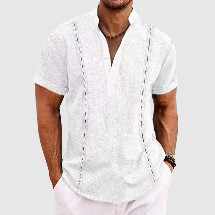 Men's solid color breathable short sleeve button-up shirt, casual style for summer & everyday wear.