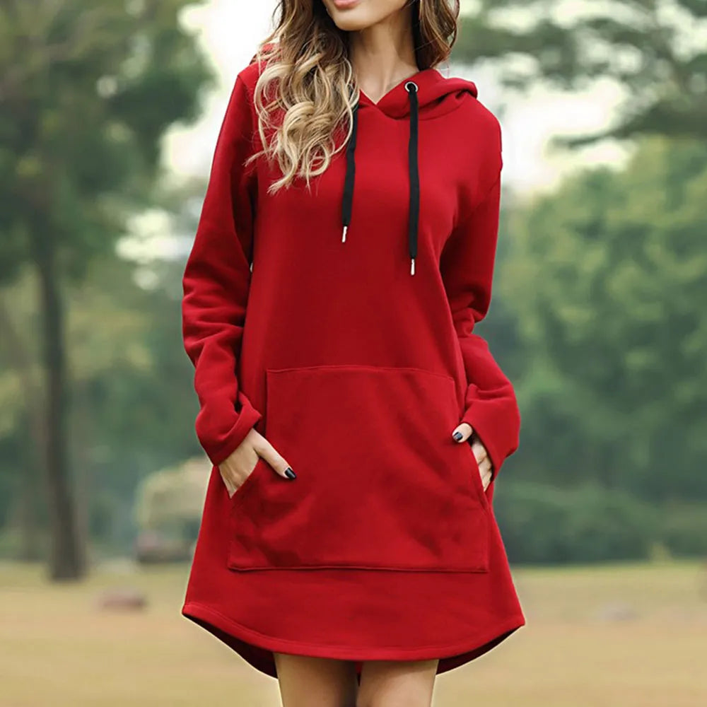 Comfortable women's pullover hoodie dress with practical pockets. Perfect for daily wear.
