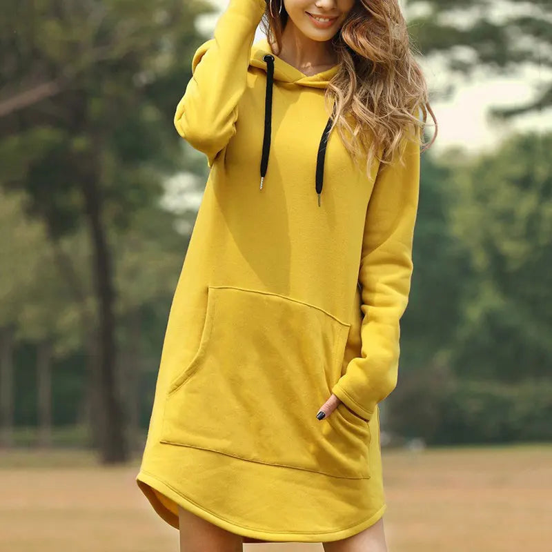 Women's pullover hoodie dress for easy casual comfort. Essential everyday wear.
