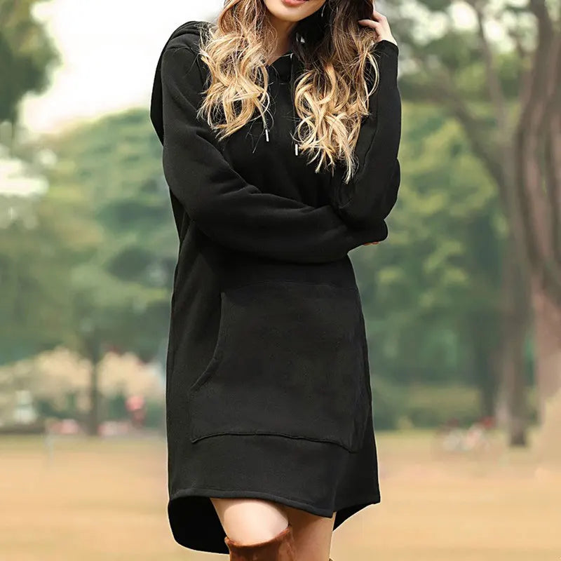 Versatile women's casual hoodie dress, ideal for daily wear. Pullover style with pockets.
