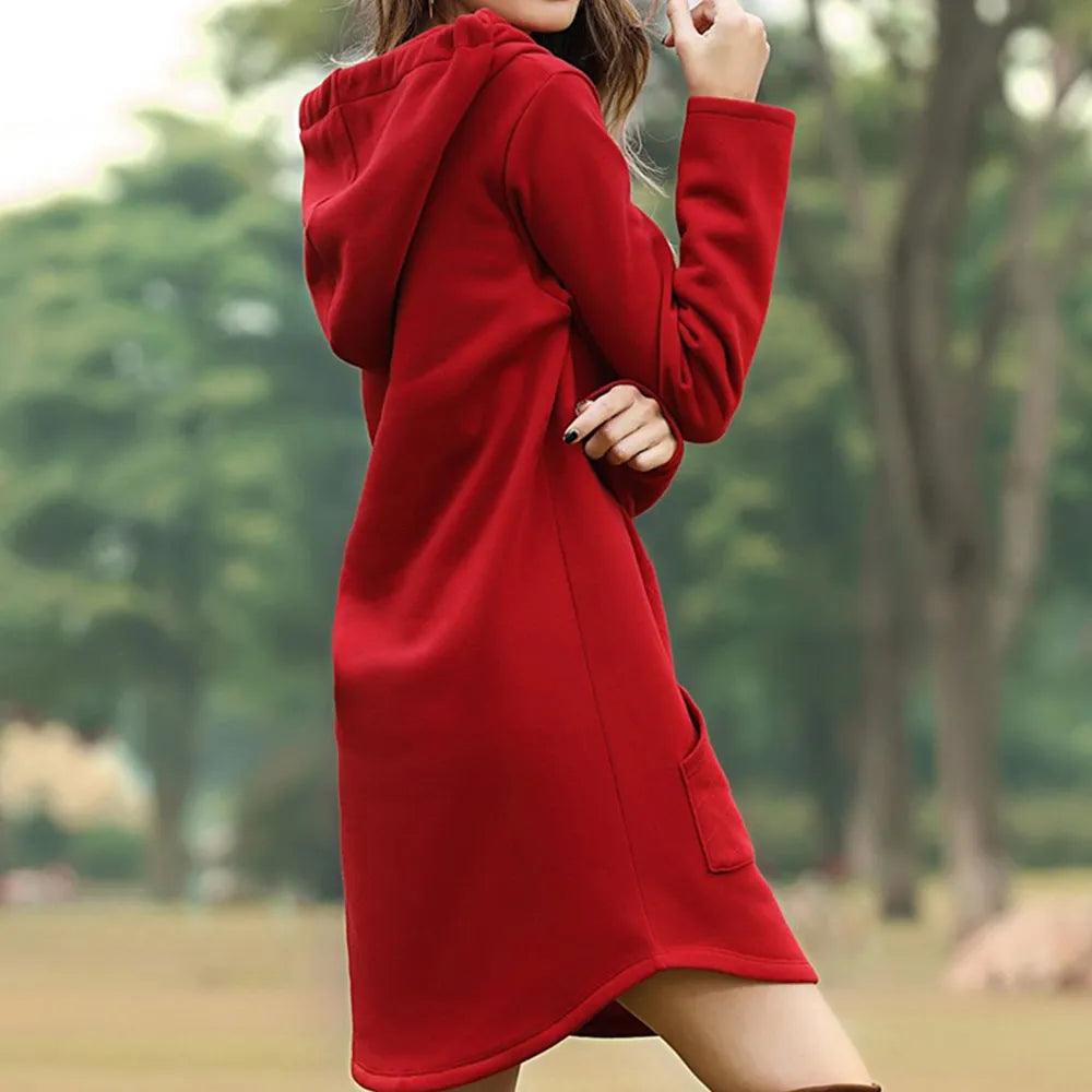 Close-up of women's casual hoodie dress fabric, highlighting soft texture & comfort.