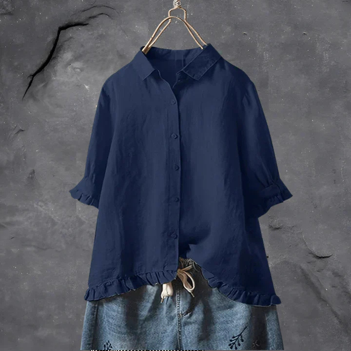 Casual navy women's ruffle-trim button-down blouse, a versatile relaxed-fit short-sleeve shirt for everyday wear.