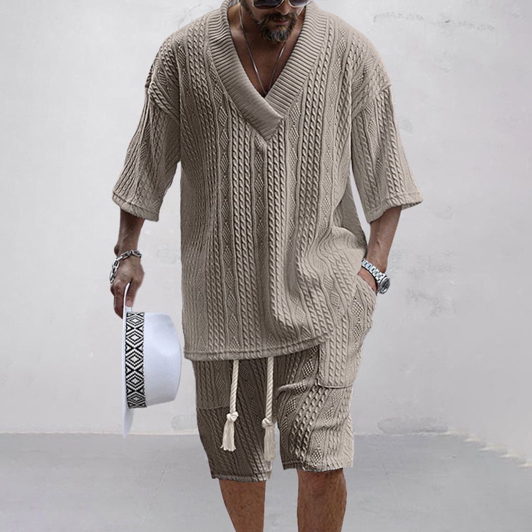 Men's V-neck top and shorts matching set, a comfortable and stylish option for summer and loungewear.