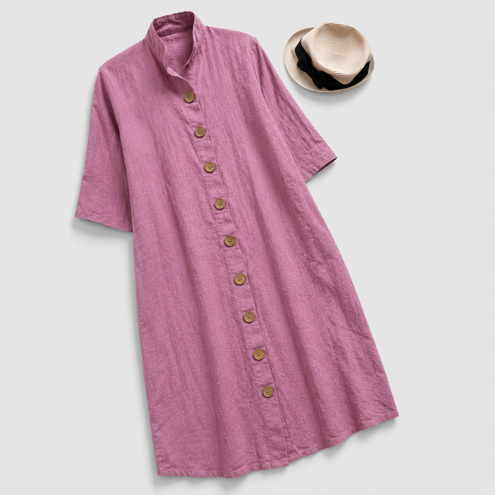Comfortable women's everyday midi shirt dress. Button-down front & unique layered hem for versatile casual wear.