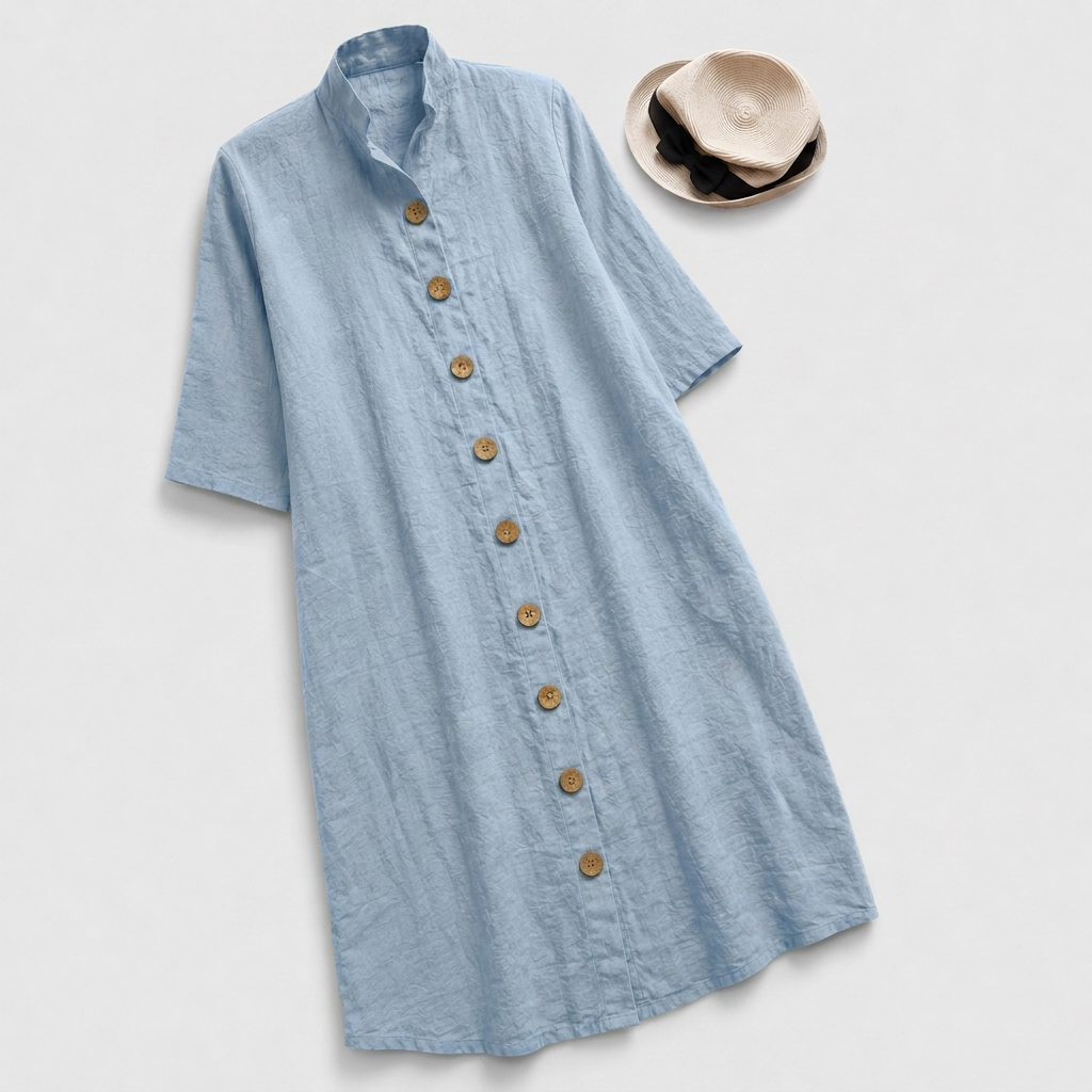 Flowy women's casual button-down shirt dress. Midi length, long sleeves & a stylish layered hem for easy wear.