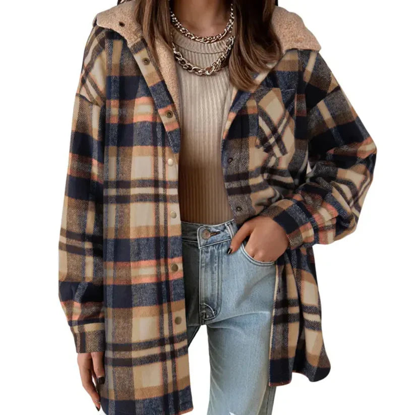 Women's winter essential: cozy plaid hooded shacket with teddy bear texture, button front closure.