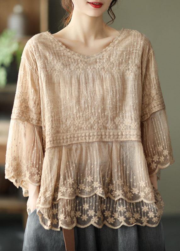 Khaki women's embroidered blouse, half sleeve, with intricate patchwork & delicate tiered lace trim. Boho chic.