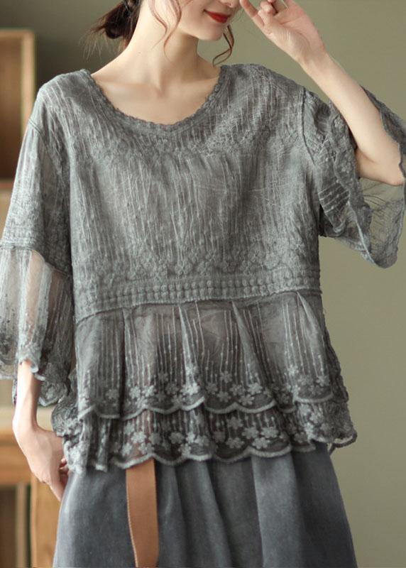 Soft grey women's embroidered top with half sleeves & tiered lace trim. Ideal for vacation, spring, or summer.