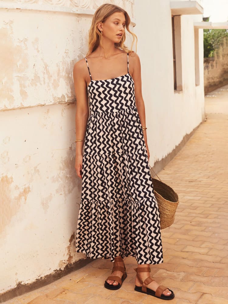 Square neck women's bohemian midi sundress. Flowy, lightweight summer dress perfect for casual wear & vacation.
