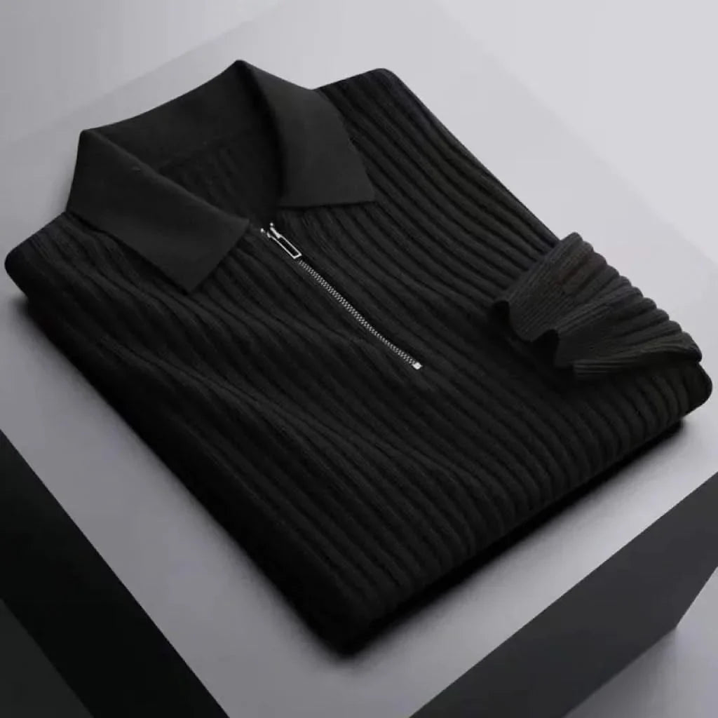 Casual everyday wear men's ribbed knit long sleeve polo. Stylish cotton blend top with comfort fit design.