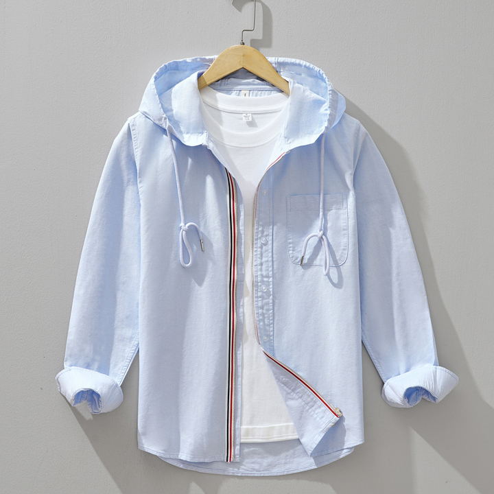 Relaxed fit men's striped zip-up hoodie shirt, ideal for casual spring fashion.