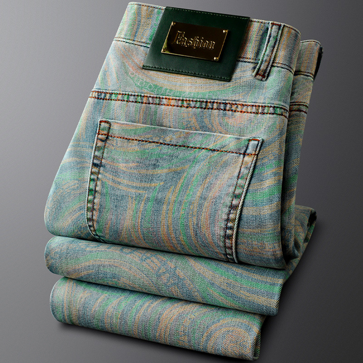 Unisex patterned denim jeans with a bold retro design, perfect for unique casual fashion.
