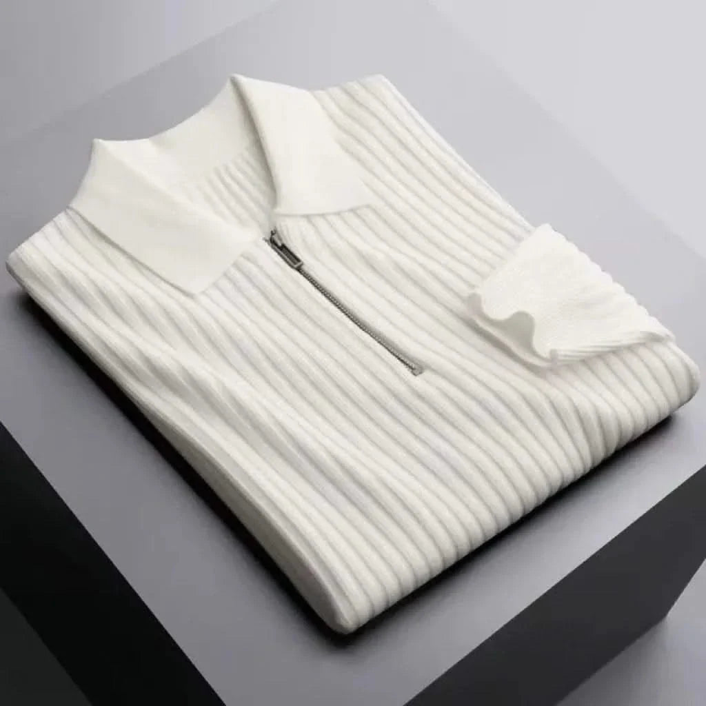 Stylish men's long sleeve ribbed knit polo shirt. Comfort fit cotton blend casual top for modern everyday wear.