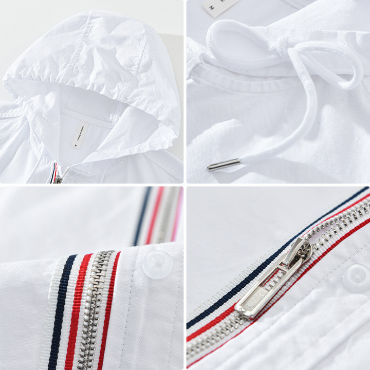Fashionable men's striped zip-up hoodie shirt, ideal for spring & summer casual style.