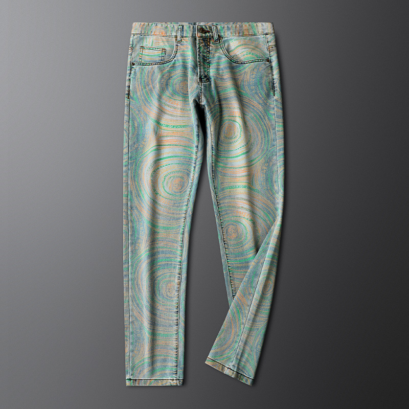 Retro-inspired patterned unisex denim jeans, combining unique design with comfortable casual fashion.