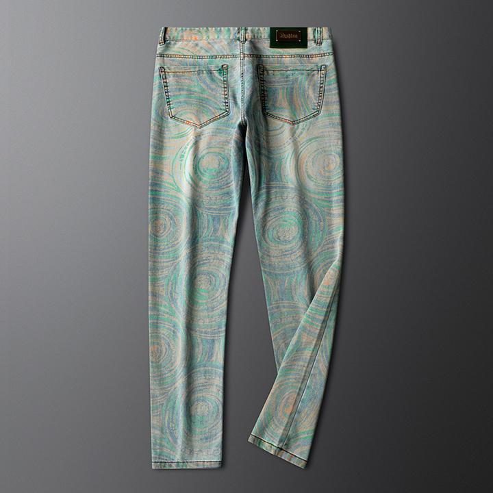 Fashionable unisex patterned denim jeans, featuring unique retro and tropical designs for a standout casual look.