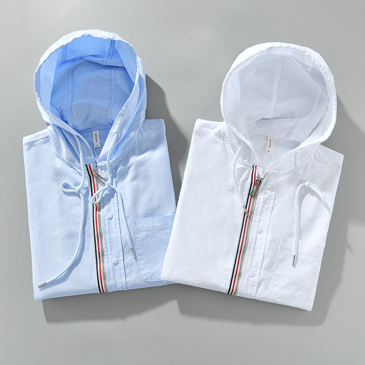 Men's spring fashion striped zip hoodie shirt, long sleeve and relaxed for casual style.