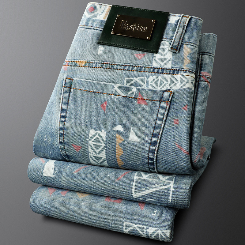 Distinctive tribal pattern unisex denim jeans, offering a unique fashion statement for casual style.