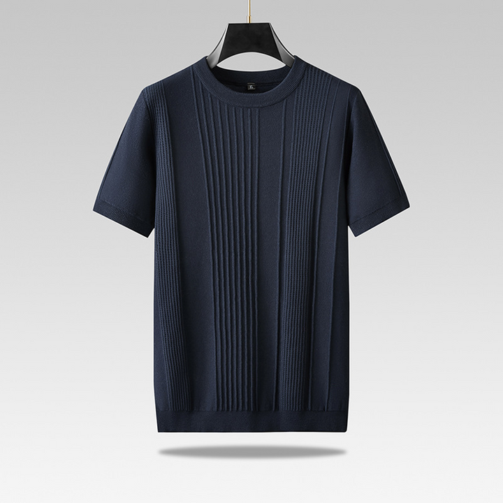 Man wearing a lightweight textured knit tee, ideal for comfortable and stylish everyday casual outfits.