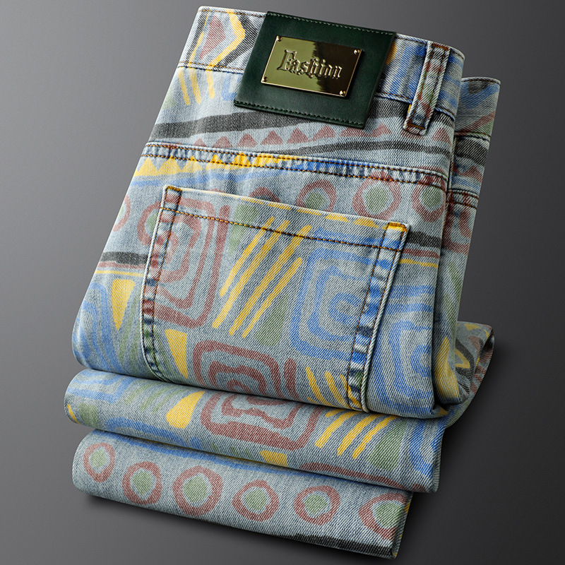 Vibrant tropical pattern unisex denim jeans, a unique and stylish choice for casual wear.
