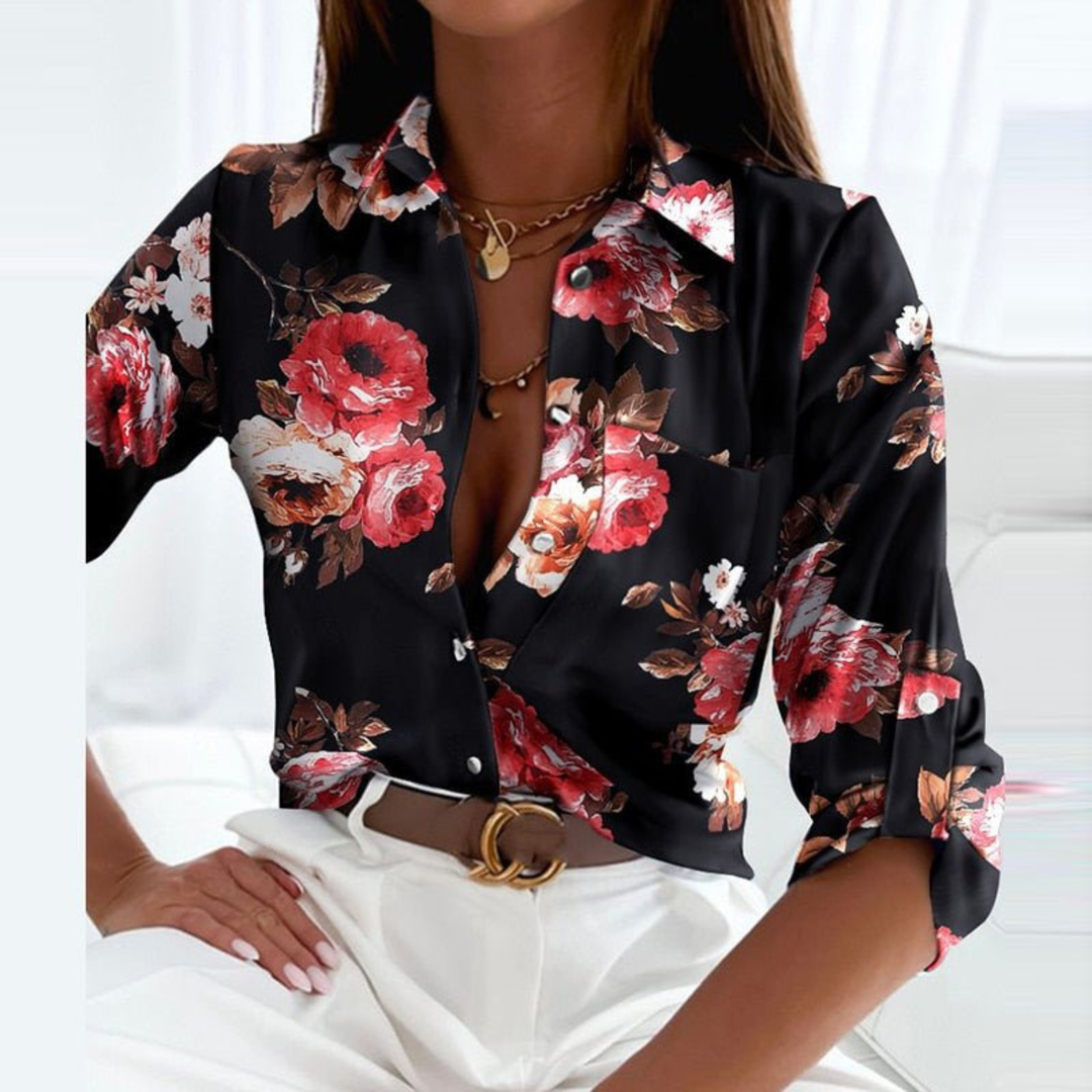 Women's elegant button-down blouse with a stylish geometric print.