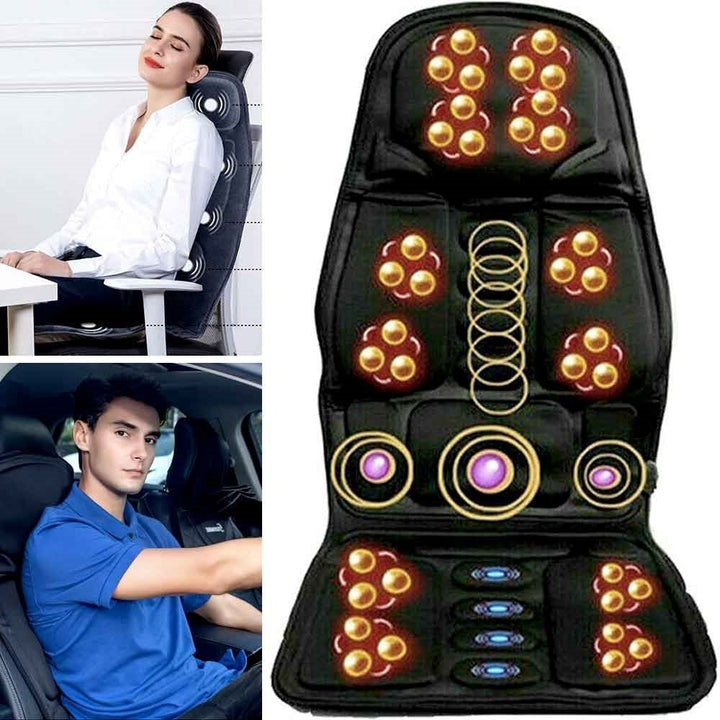 Heated massage chair pad for soothing back, neck & muscle pain relief therapy.