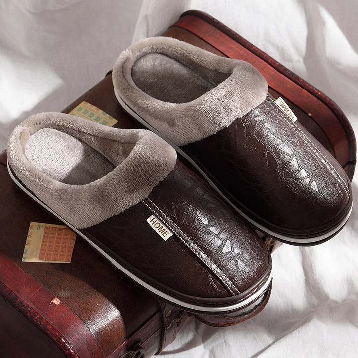 Coffee Men's Home Stead slides, comfortable and warm indoor footwear with arch support for daily wear.