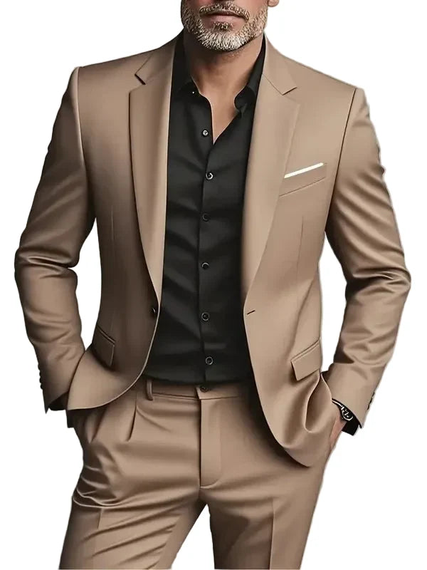 Classic men's formal suit with a flattering slim fit, including a well-tailored blazer and coordinating trousers.