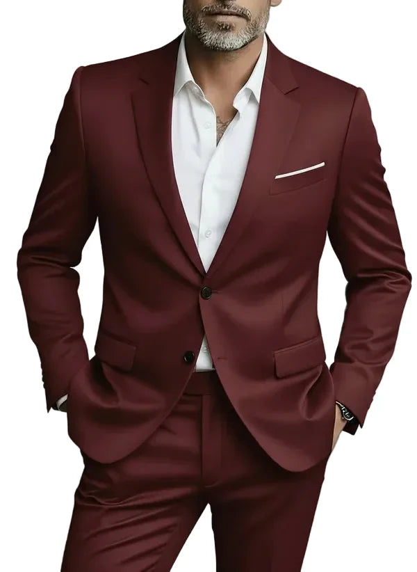 Stylish men's slim fit formal suit, featuring a modern blazer and matching trousers for a sharp look.