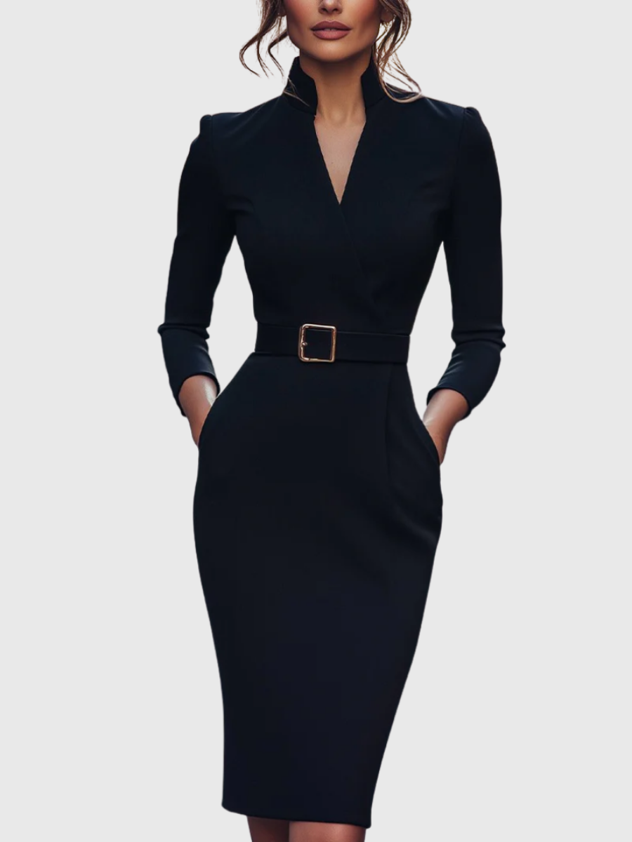 Women's stretch wrap V-neck pencil midi dress with belt, perfect for office or events.