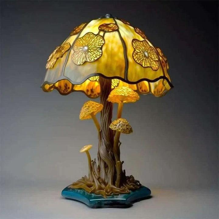 Close-up of a vibrant mosaic lamp, showcasing intricate glass pieces illuminated by a gentle glow.