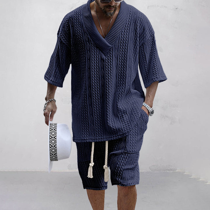 Relaxed men's V-neck shirt & shorts set. Ideal casual, comfortable summer loungewear.