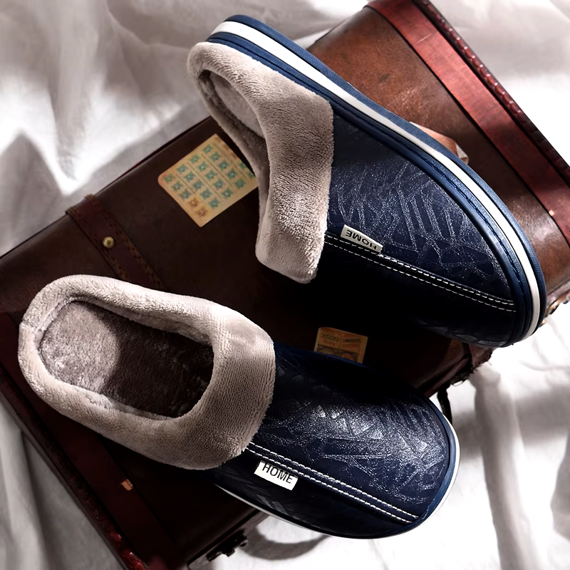 Navy Men's Home Stead slides with plush cushioning, perfect casual indoor slippers for home and relaxation.
