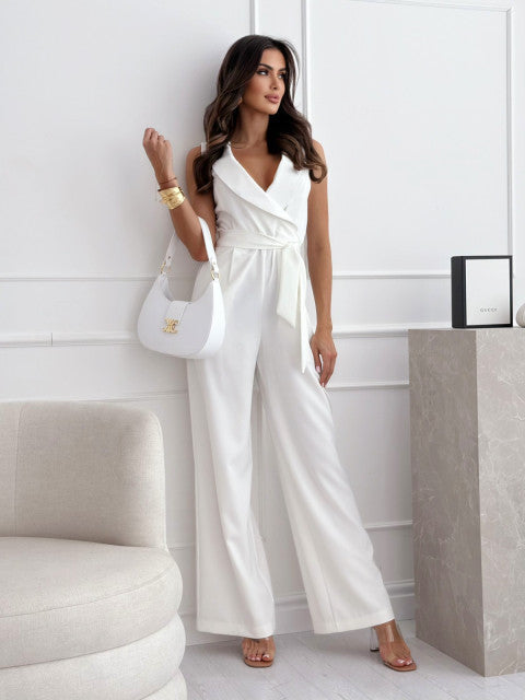 Elegant women's V-neck, short sleeve, wrap design jumpsuit with wide legs. Perfect for sophisticated office or evening wear.