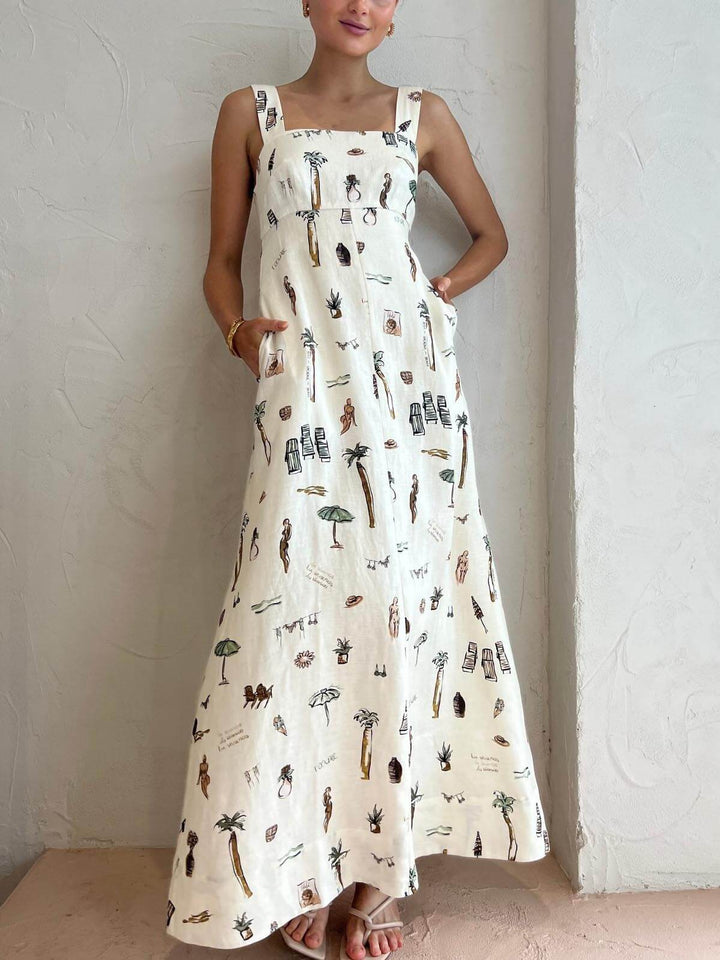 Sophisticated white maxi dress for women, elegant square neck. A perfect sleeveless choice for summer and evening.