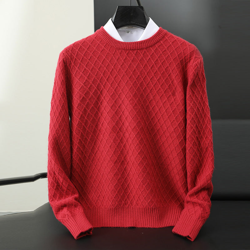 Close-up of premium soft knit texture on a men's versatile crewneck pullover sweater.