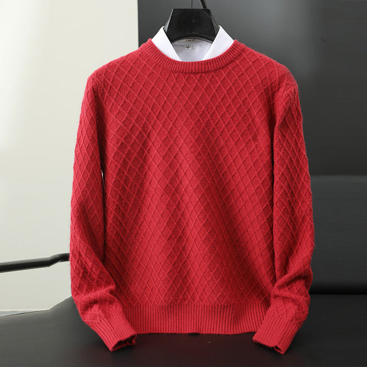 Close-up of premium soft knit texture on a men's versatile crewneck pullover sweater.