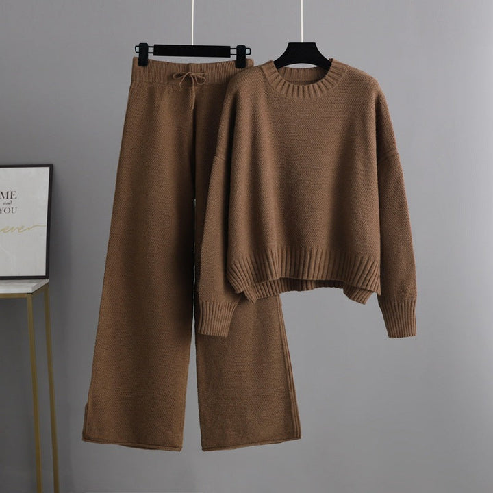 Cozy women's Solara matching two-piece loungewear set; relaxed fit cropped top and wide-leg pants for lounging.