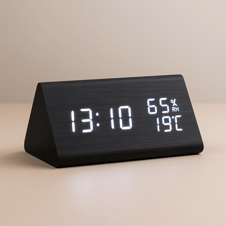 Stylish wooden digital desk clock, ideal for modern home decor, offering time, temp, and alarm functions.