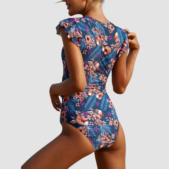 Comfortable women's one-piece zipper swimsuit, featuring a bandeau top, ideal for summer fashion.