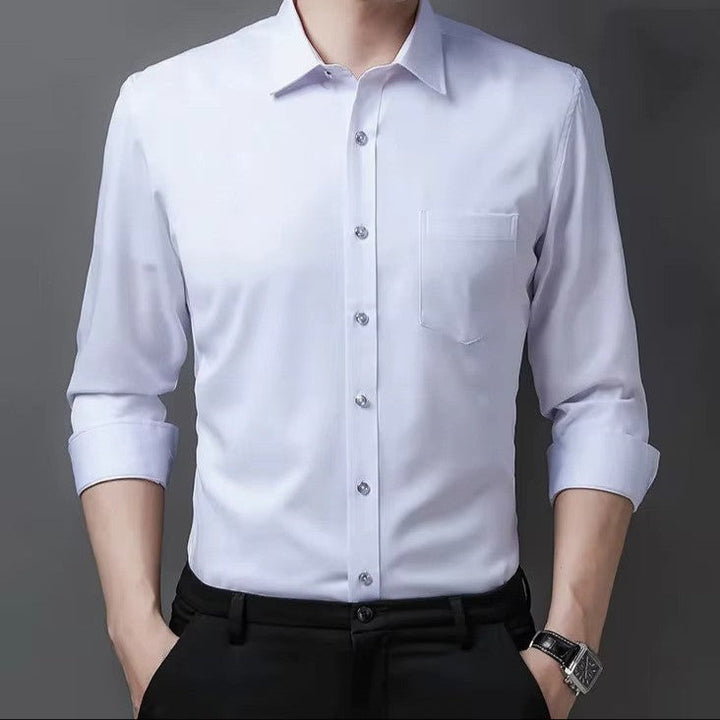 New men's everyday wear long-sleeve smart casual button-down shirt, neatly folded for a sophisticated display.