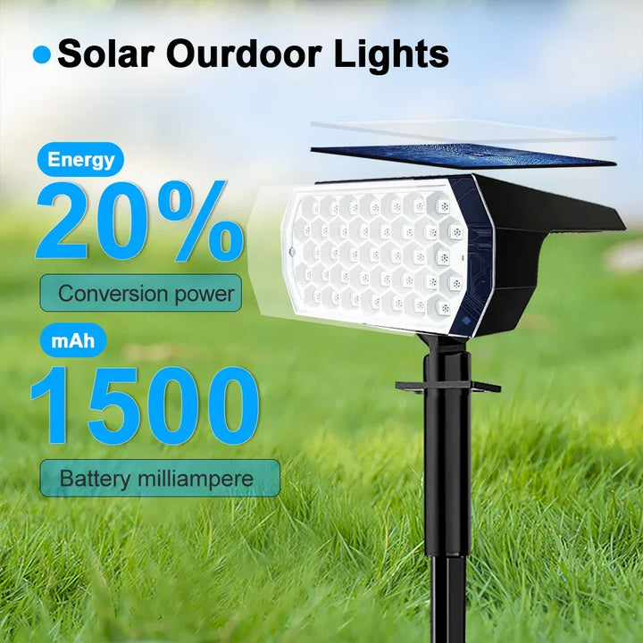 Outdoor solar spotlights with vibrant RGB colors, enhancing garden decor and landscape lighting.