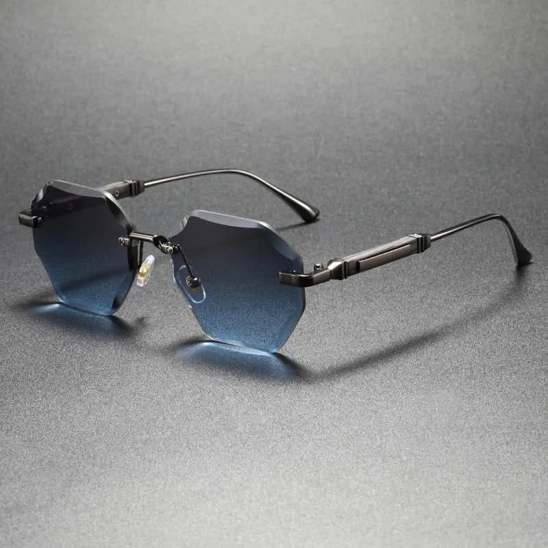 Fashionable octagonal sunglasses with a rimless design. Unisex eyewear featuring a sleek, lightweight metal frame.