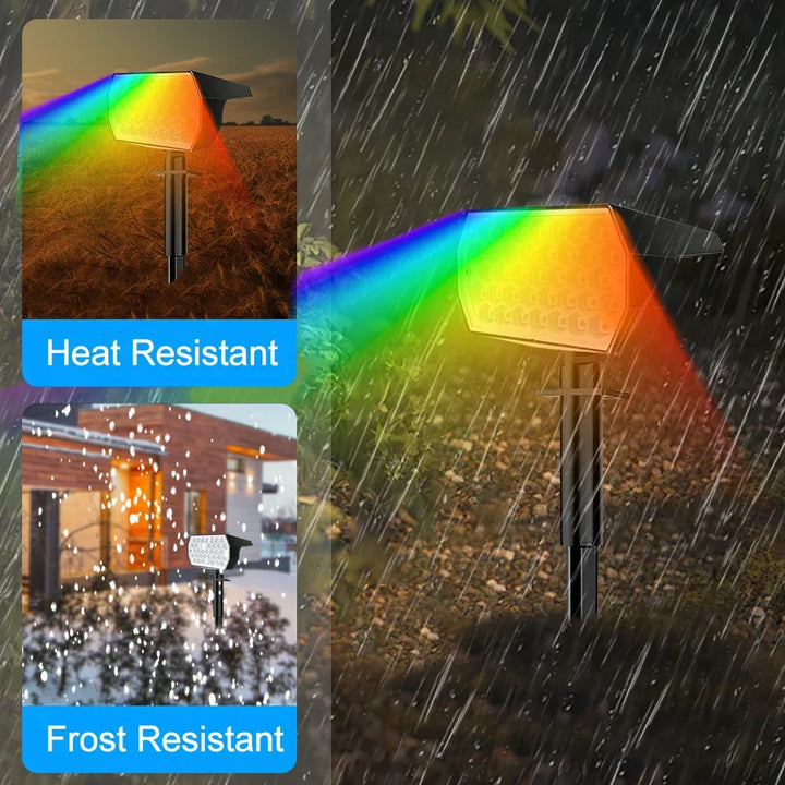 Waterproof solar LED spotlights, perfect for illuminating garden pathways, lawns, and outdoor areas.