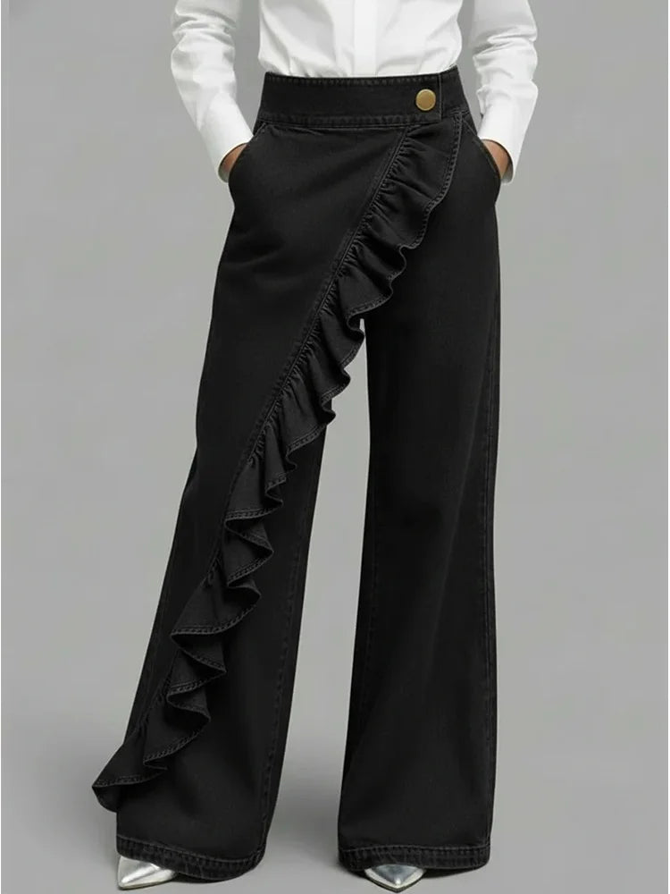 Comfortable high-rise wide leg jeans for women. Soft denim with elegant ruffle details. Perfect casual style.