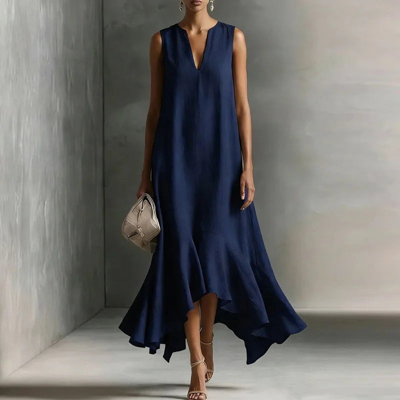 Chic women's sleeveless V-neck sundress, an effortless summer vacation or beach outfit for warm weather comfort.
