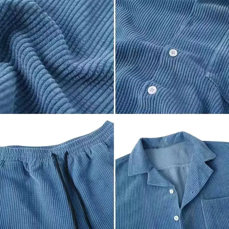 Women's relaxed fit two-piece set: button-up shirt & drawstring shorts. Comfortable loungewear & casual summer outfit.